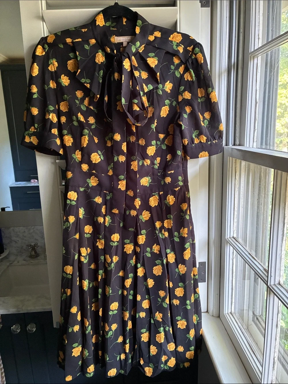 Michael Kors Collection Black Floral Tie-Neck Midi Dress with Yellow Roses